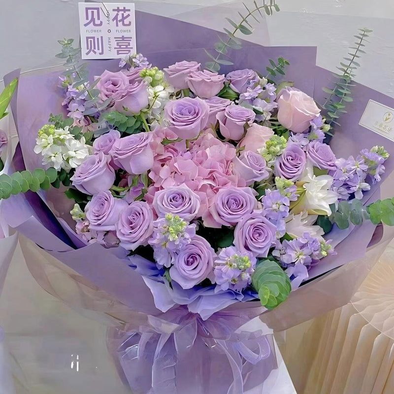 海洋玫瑰粉繡球花束